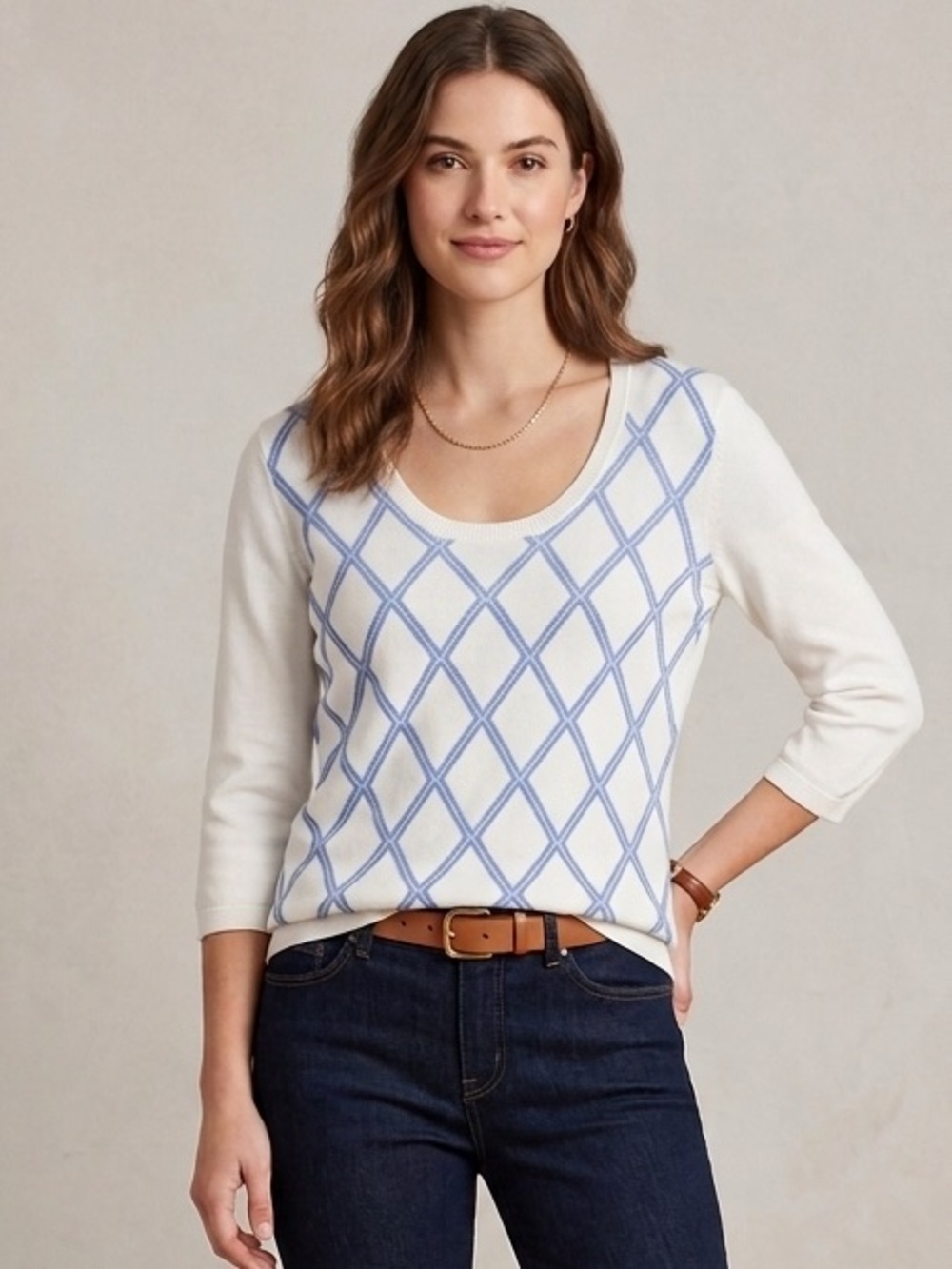 346 Brooks Brothers White Sweater Supima cotton Light Blue Argyle Size Large